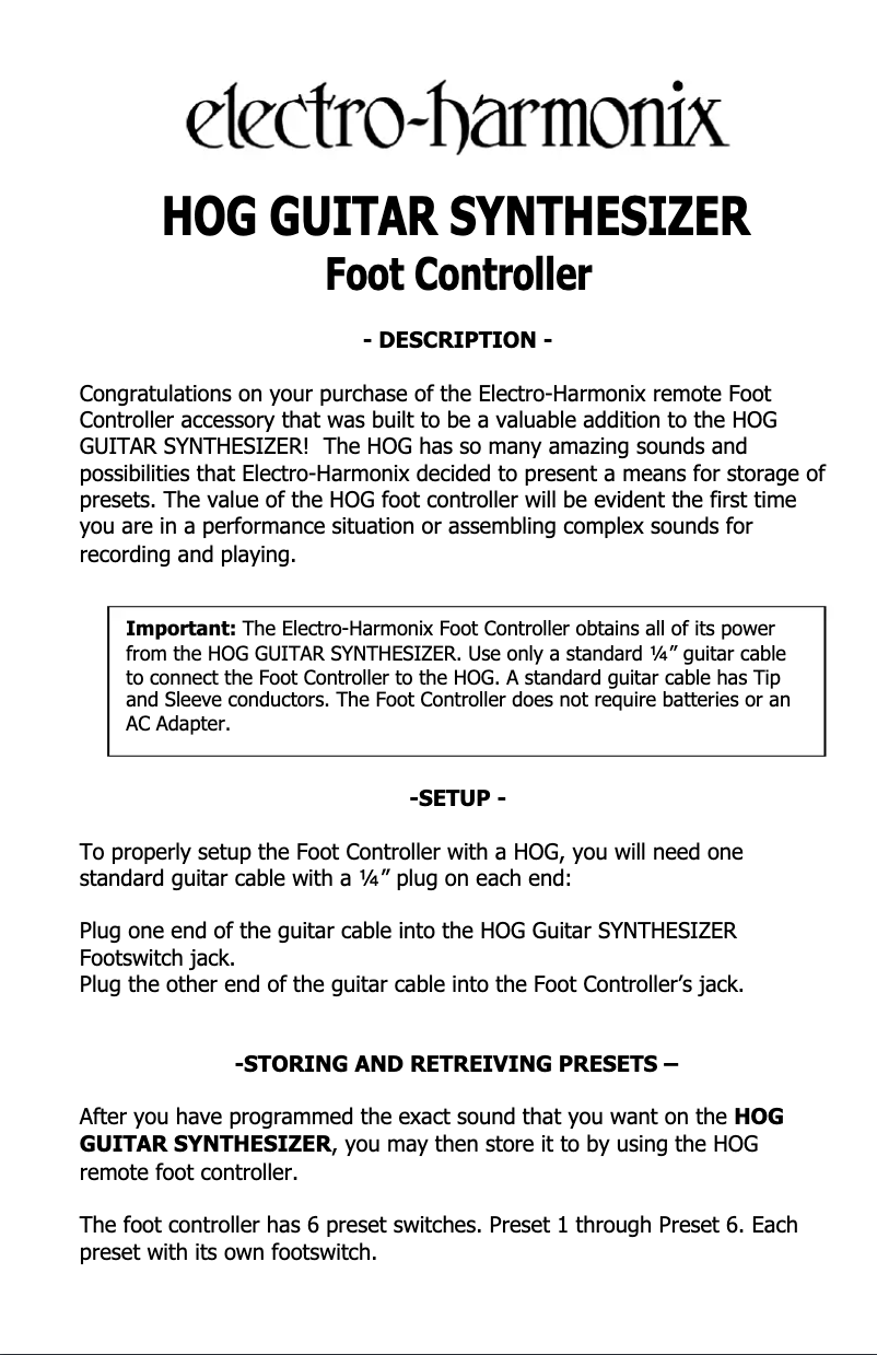 Image de la première page du manuel de l'appareil HOG Foot Controller