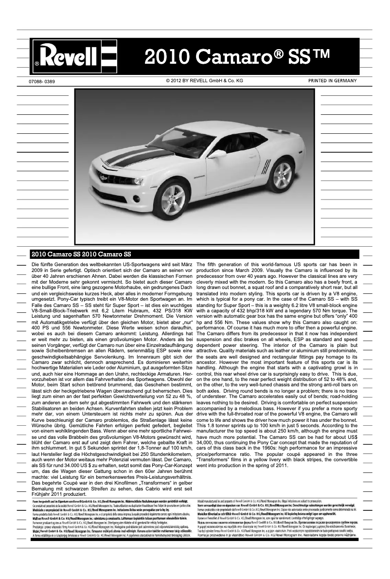 Page 1 de la notice Manuel utilisateur Revell 2010 Camaro SS
