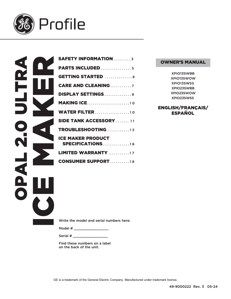 First page image of the manual for Profile Opal XPIO13SWBB