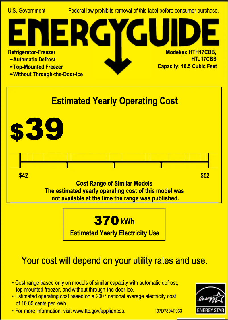 Page 1 of the manual Energy Label Hotpoint HTH17CBBBB
