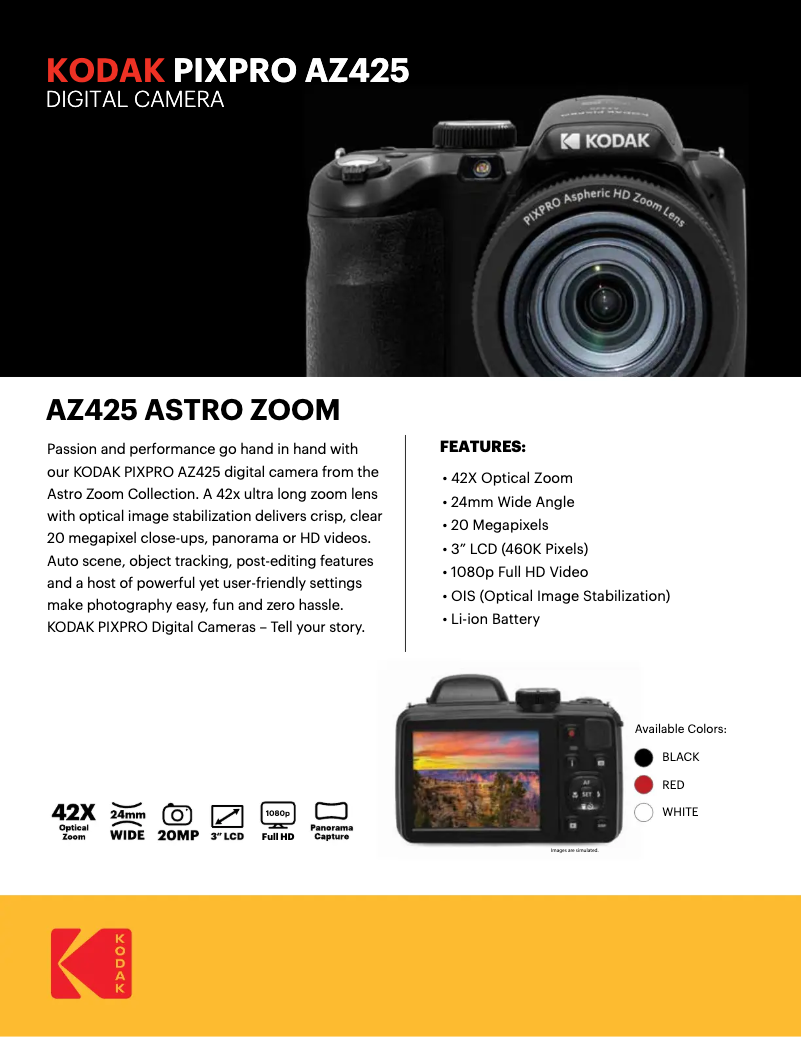 Page 1 de la notice Fiche technique Kodak PixPro AZ425