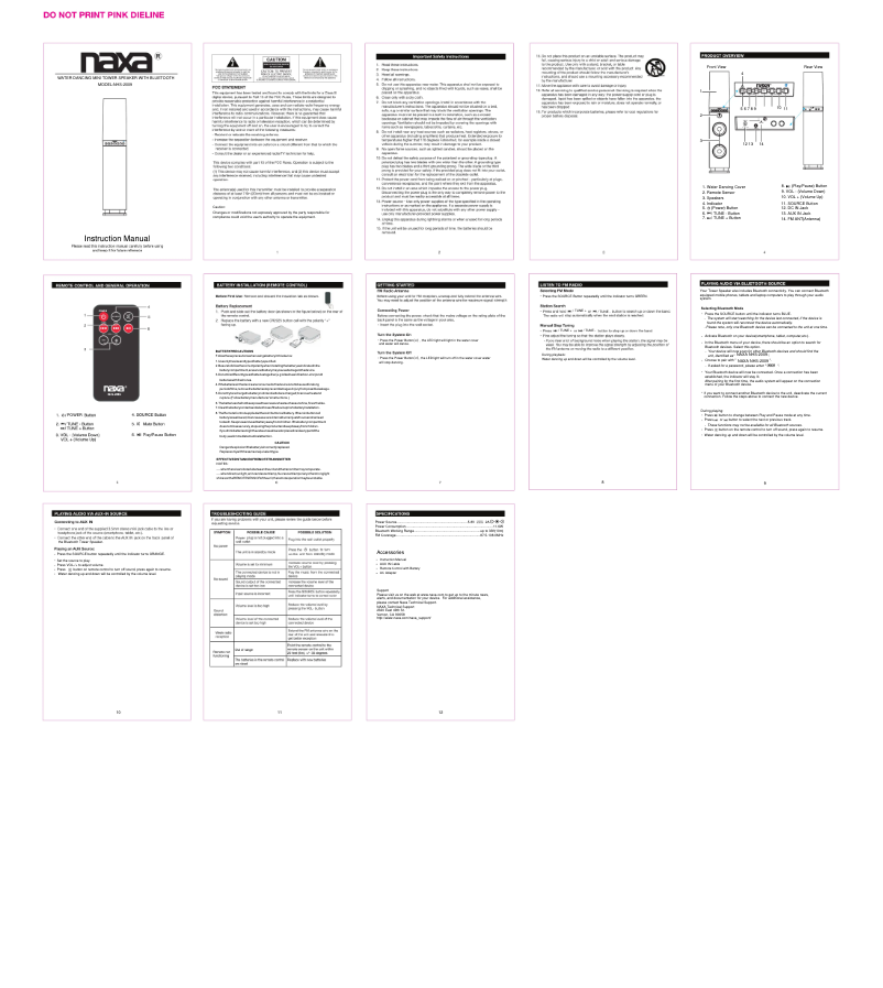 Image de la première page du manuel de l'appareil Dancing Water NHS-2009