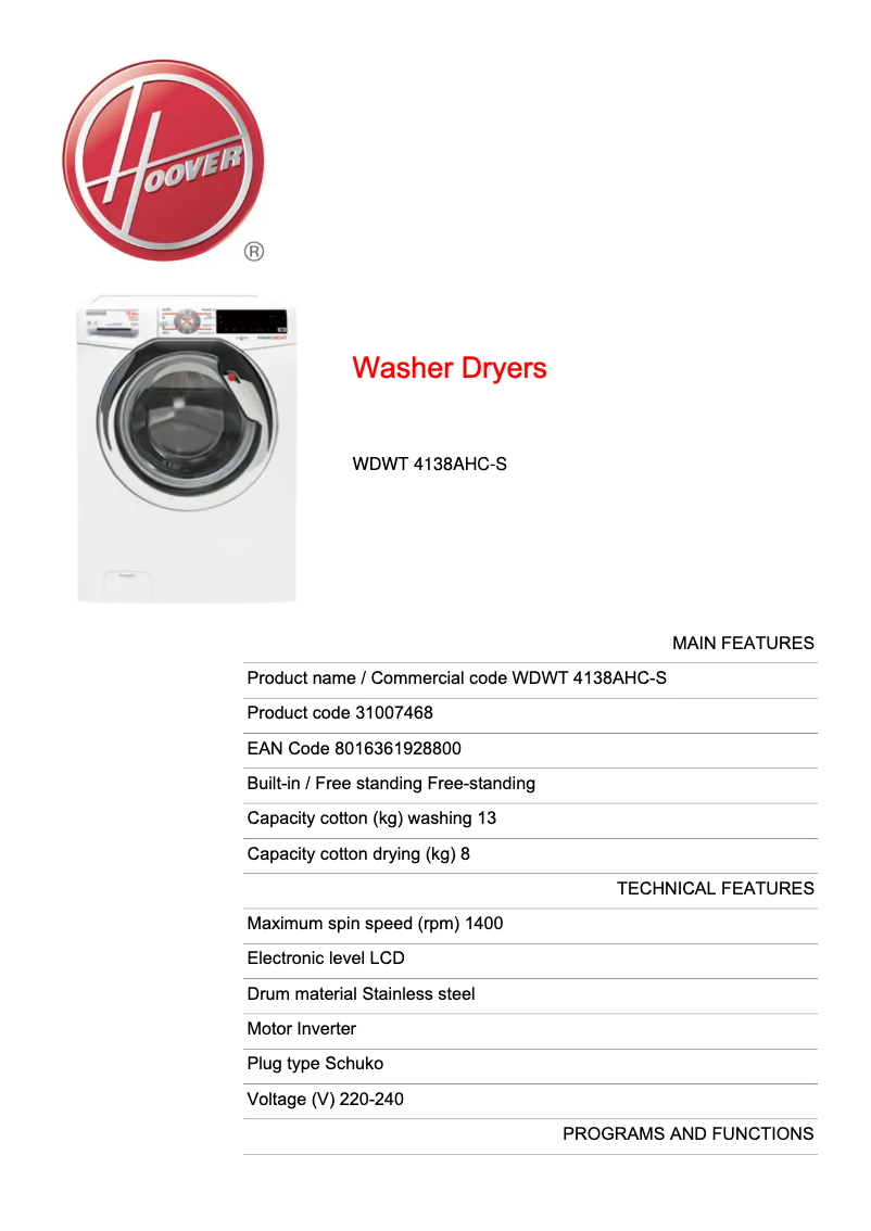 Page 1 de la notice Fiche technique Hoover WDWT 4138AHC-S