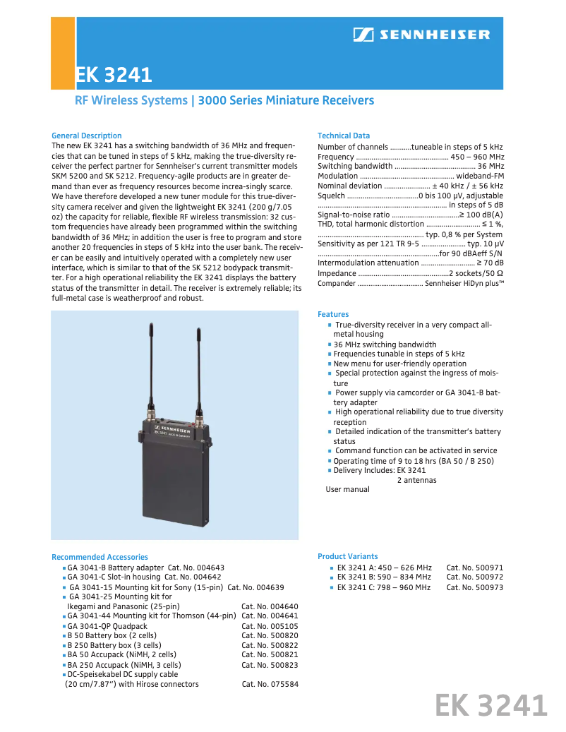 Page n°1 - Fiche technique Sennheiser EK 3241