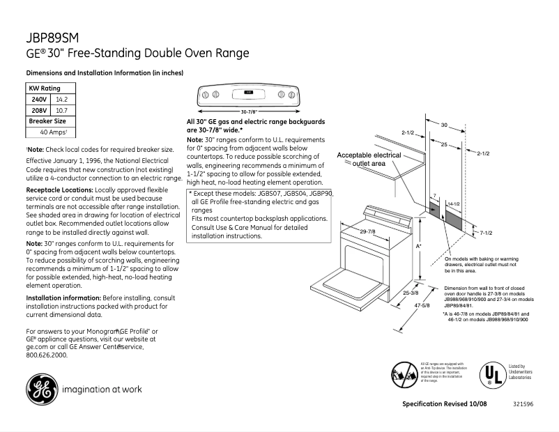 Page 1 of the manual Technical Sheet GE JBP89SMSS