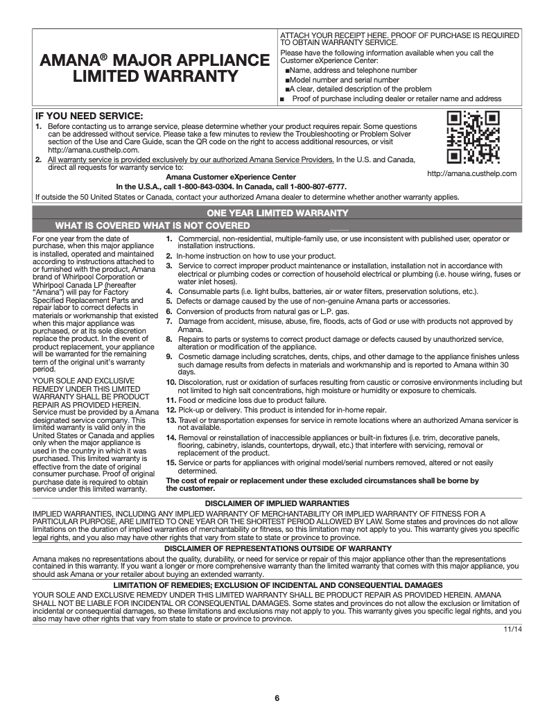 Page n°1 - Informations de garantie Amana AMV2307PFB