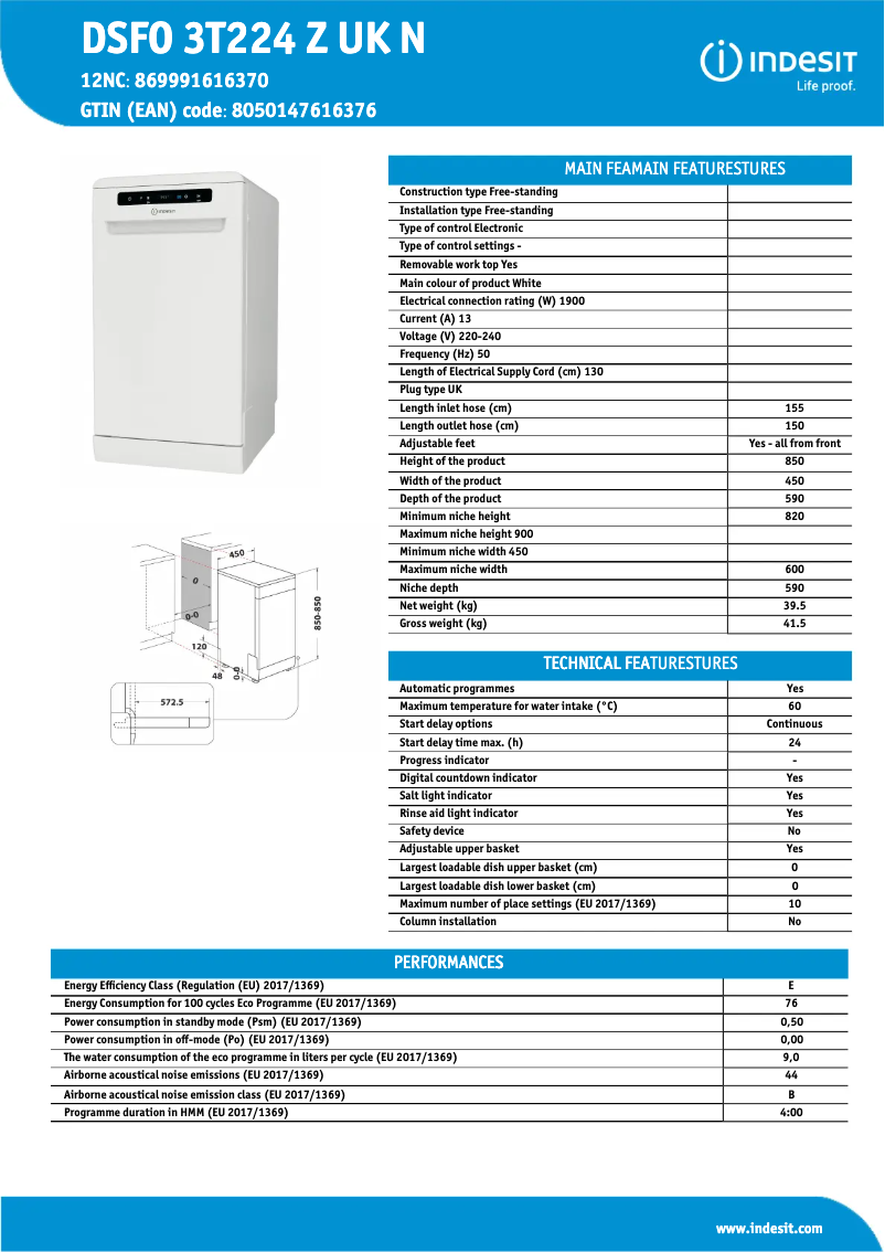 Page 1 de la notice Fiche technique Indesit DSFO 3T224 Z UK N