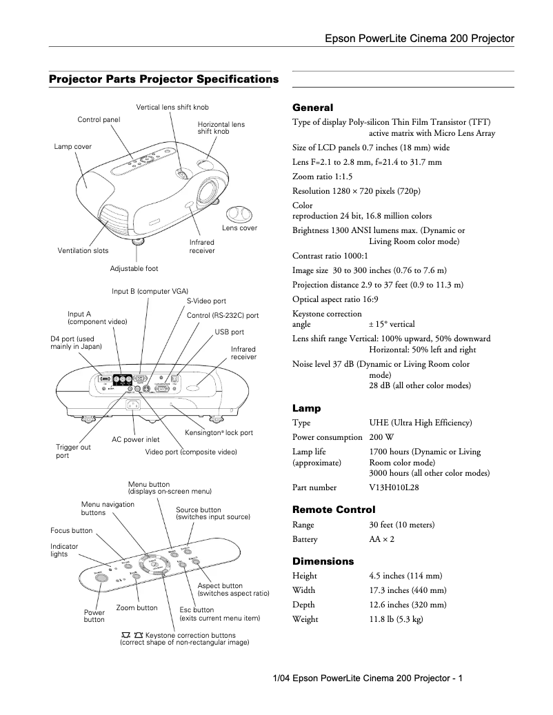 Page 1 de la notice Fiche technique Epson PowerLite Cinema 200