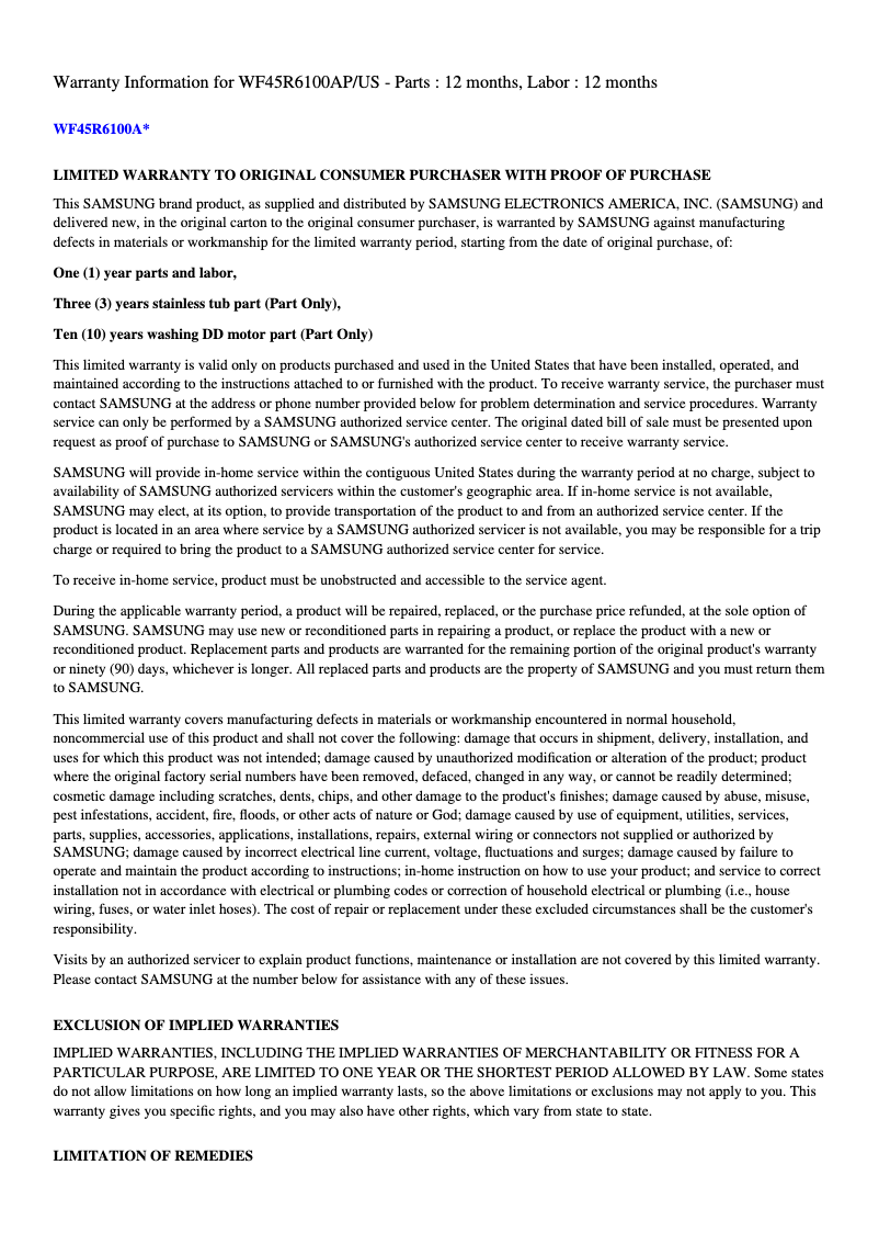 Page 1 de la notice Informations de garantie Samsung WF45R6100AP