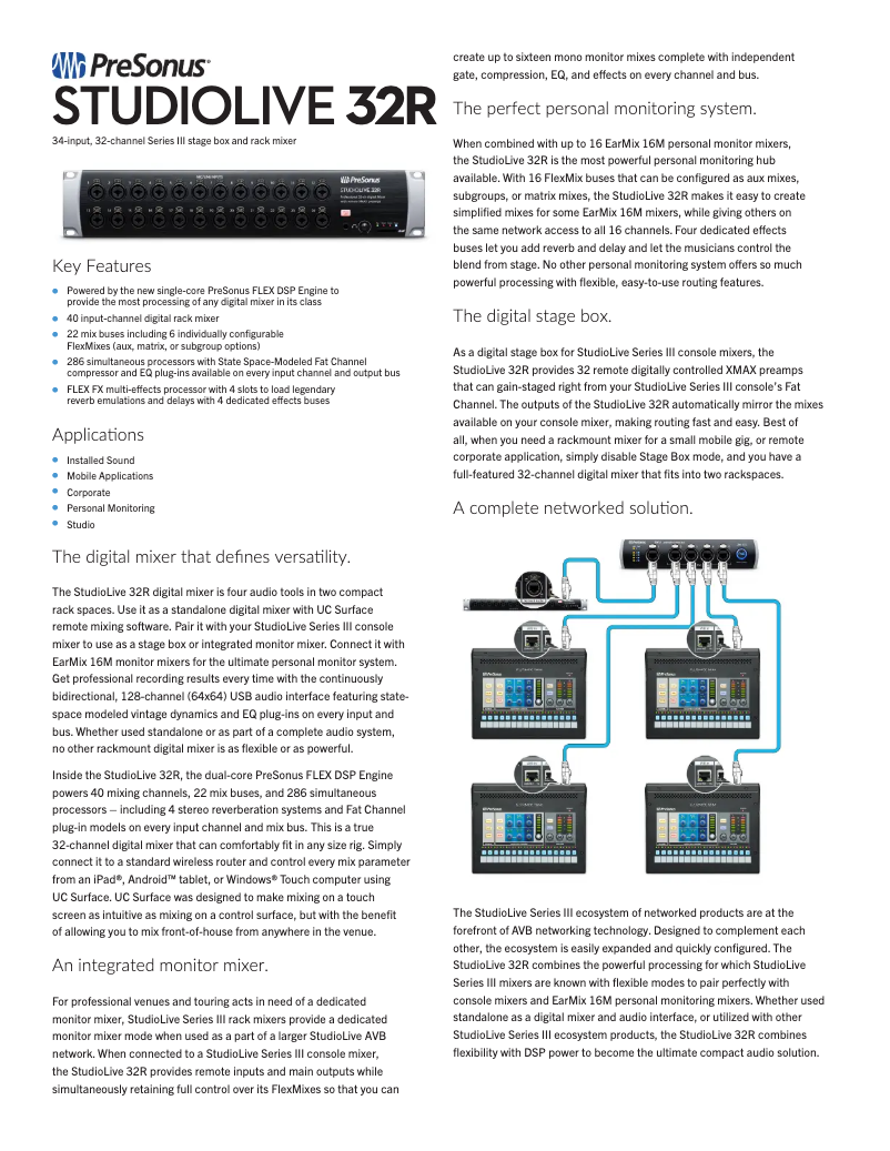 Page 1 de la notice Fiche technique PreSonus StudioLive 32R