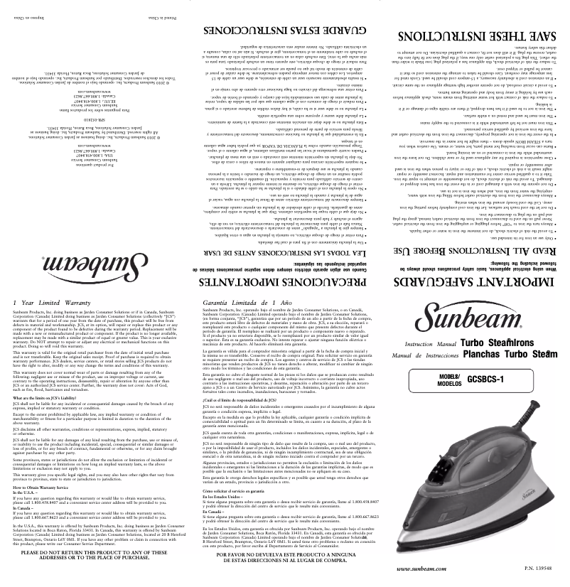 Page n°1 - Manuel utilisateur Sunbeam Turbo Steam GCSBCS-1