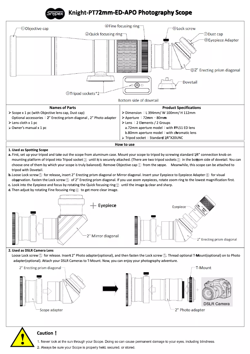 Page 1 de la notice Manuel utilisateur Snypex Knight-PT72mm-ED-APO