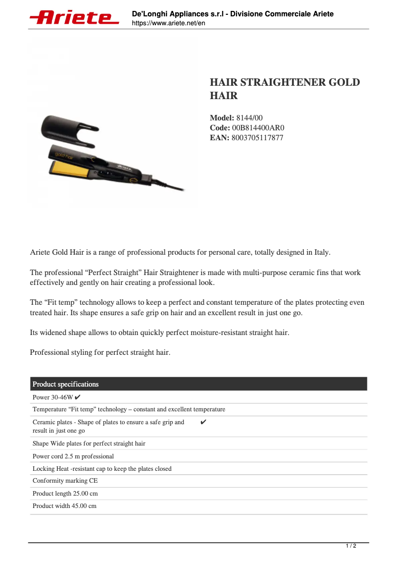 Page 1 de la notice Fiche technique Ariete Gold Hair 8144