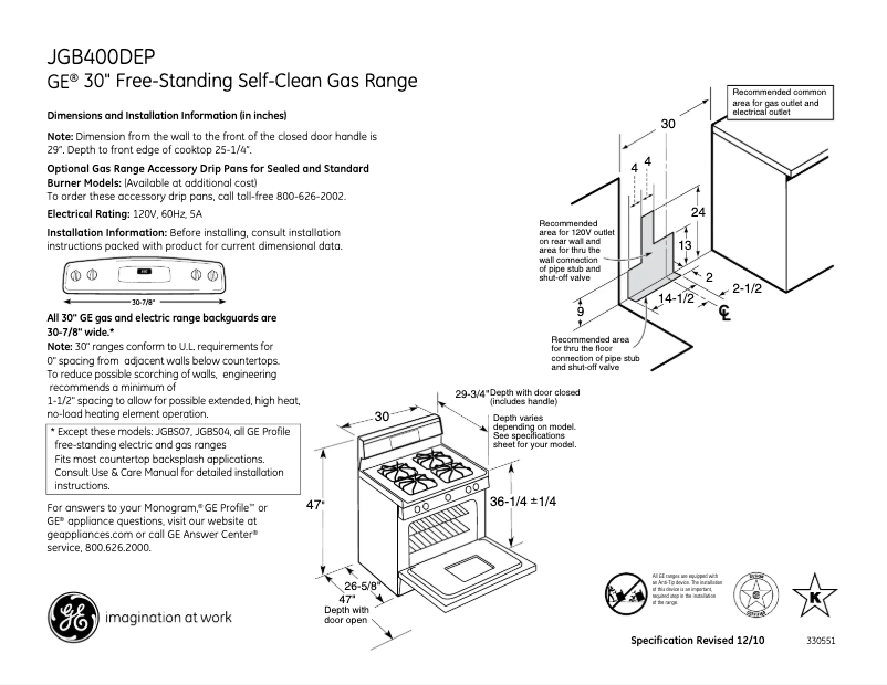 Página 1 del manual Ficha técnica GE JGB400DEPBB