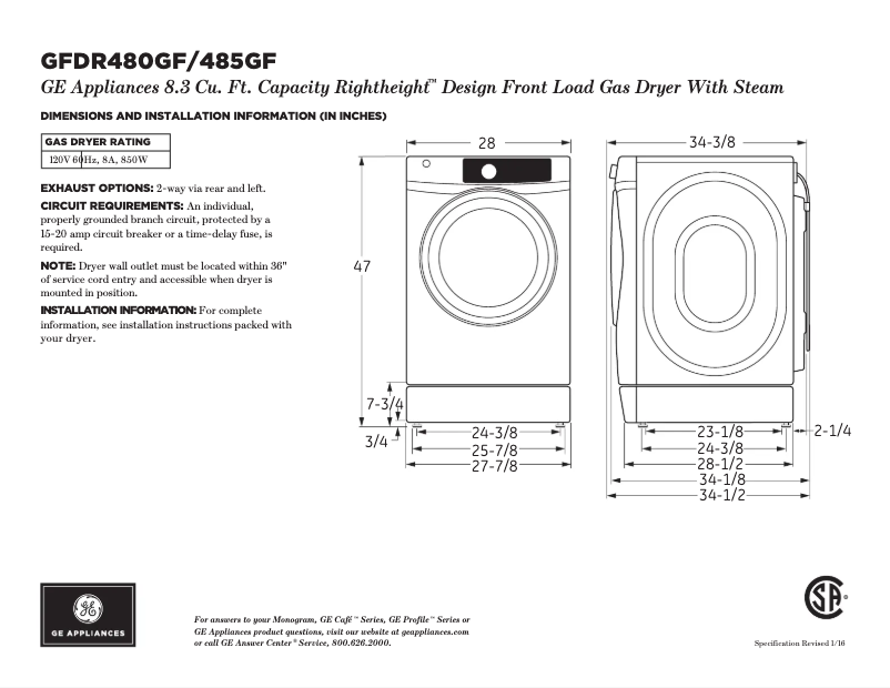 Page n°1 - Fiche technique GE GFDR485GFRR
