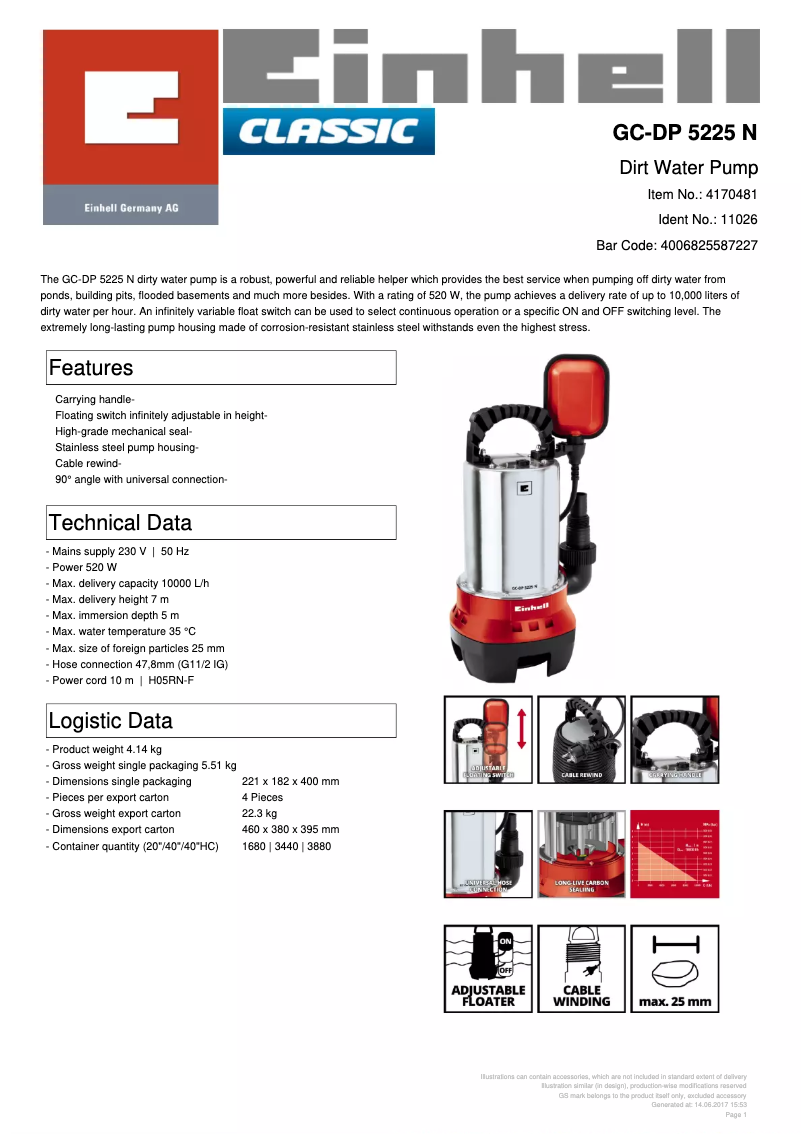 Page 1 de la notice Fiche technique Einhell GC-DP 5225 N