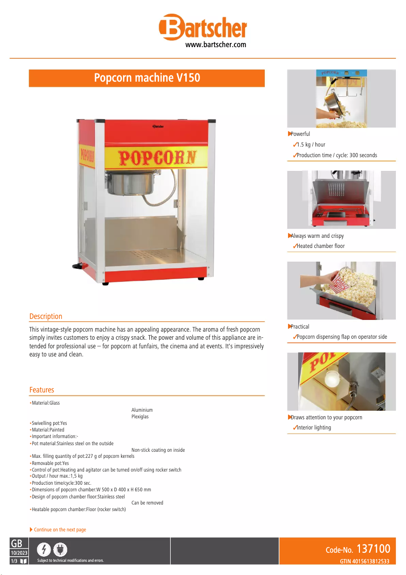 Page 1 de la notice Fiche technique Bartscher V150