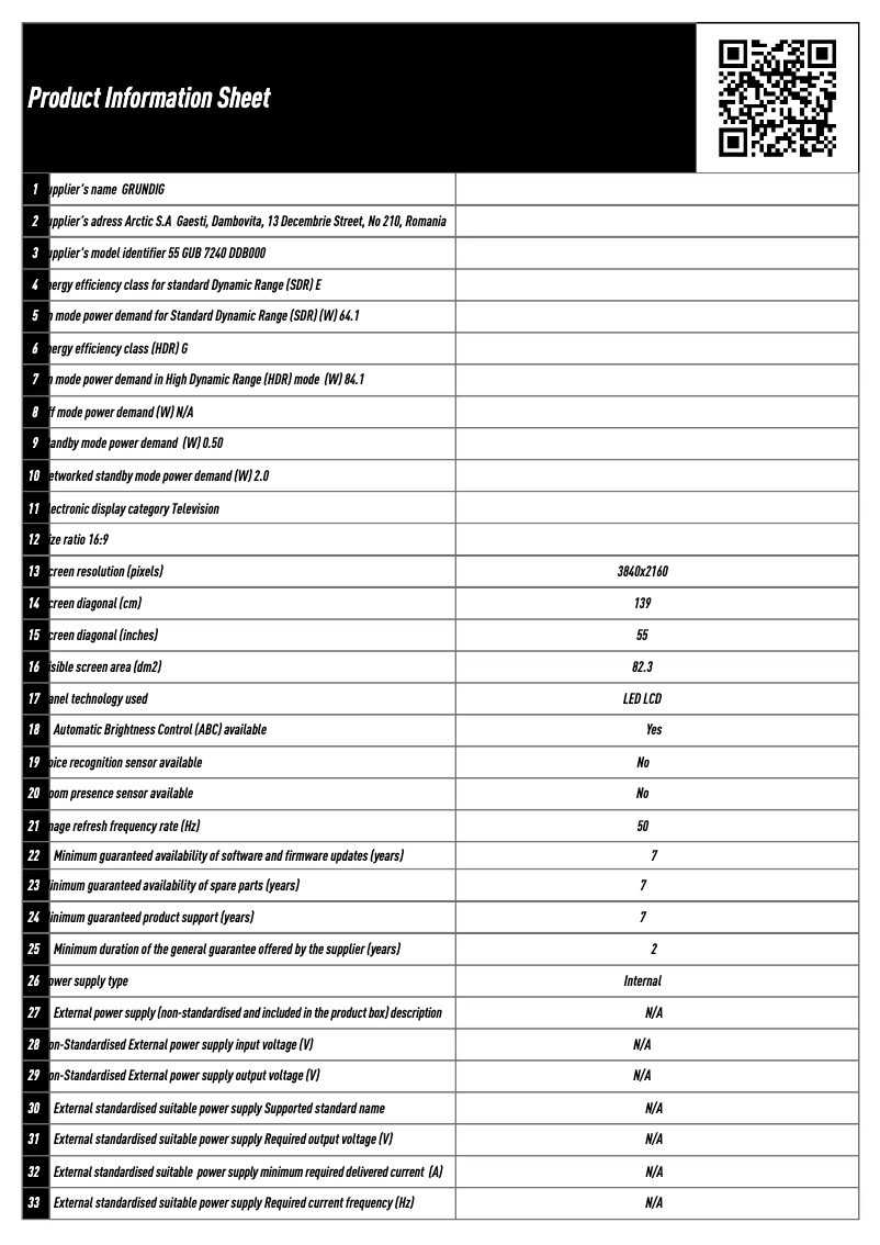 Page 1 de la notice Fiche technique Grundig 55 GUB 7240