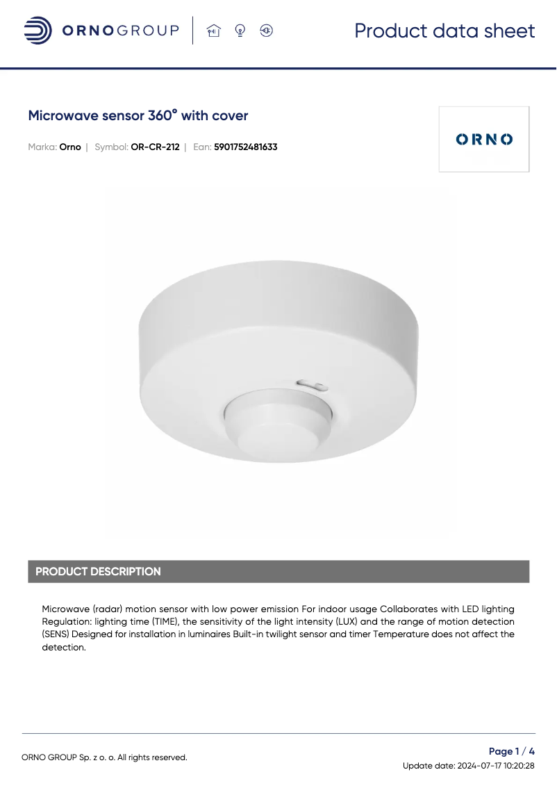 Page 1 de la notice Fiche technique ORNO OR-CR-212