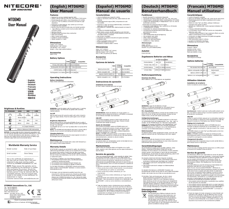 Page 1 de la notice Manuel utilisateur Nitecore MT06MD