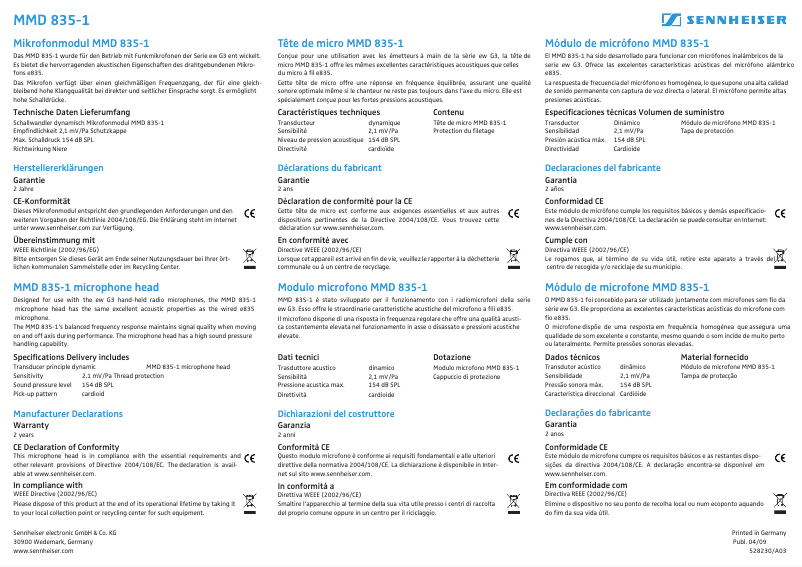 Page n°1 - Manuel utilisateur Sennheiser MMD 835-1