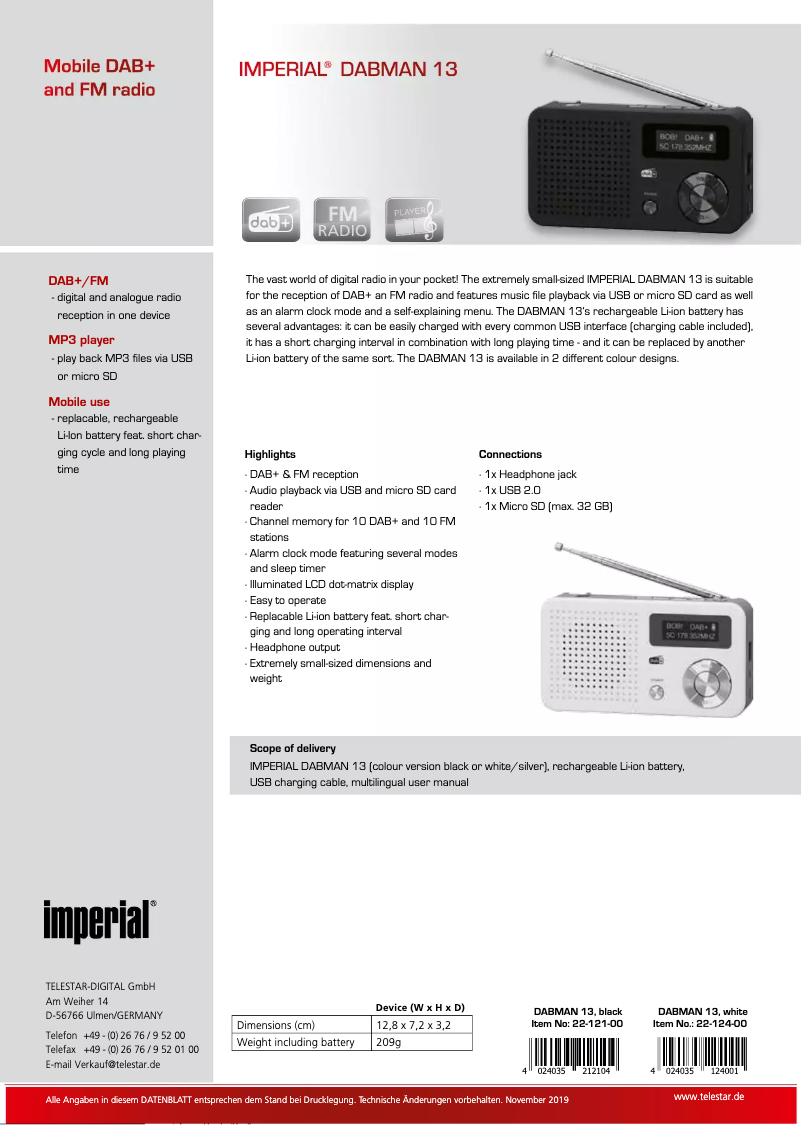 Imagen de la primera página del manual del dispositivo Dabman 13