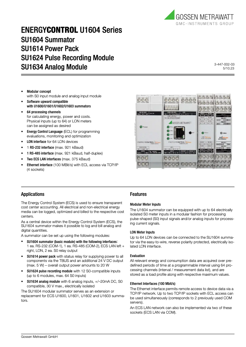 Page 1 de la notice Fiche technique Gossen Metrawatt SU1604