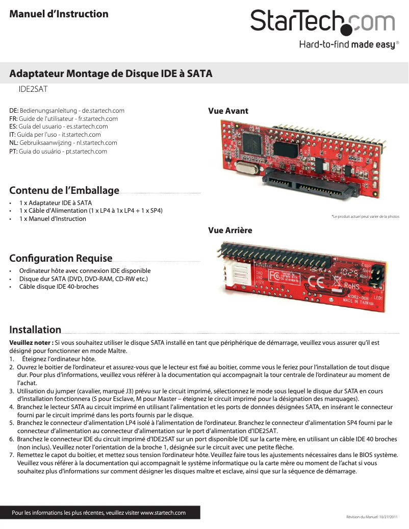 Page 1 de la notice Manuel utilisateur StarTech.com IDE2SAT