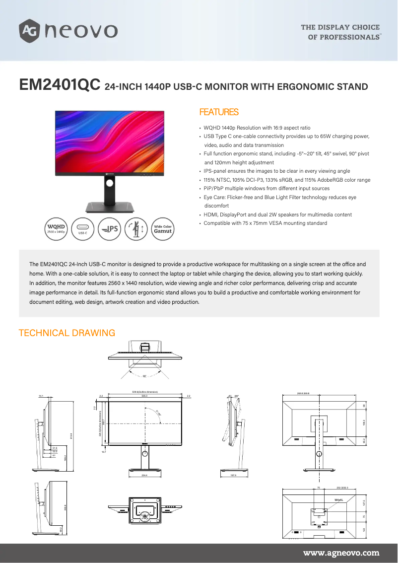 Page 1 de la notice Fiche technique AG Neovo EM2401QC