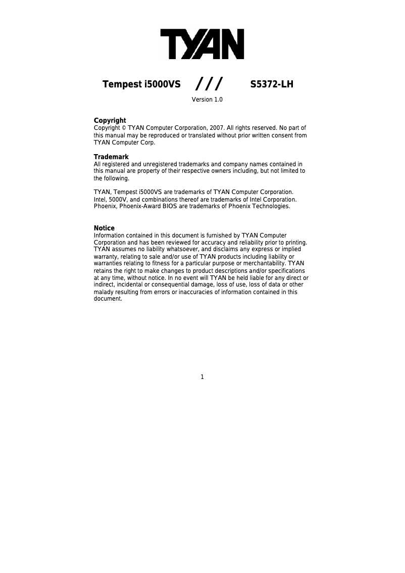 Page n°1 - Manuel utilisateur Tyan S5372-LH