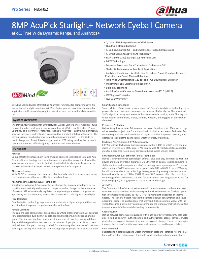 Page 1 de la notice Fiche technique Dahua Technology N85FJ62