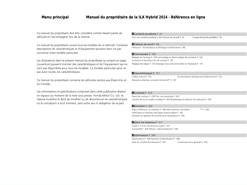 Page 1 de la notice Manuel utilisateur Acura ILX Hybrid (2014)