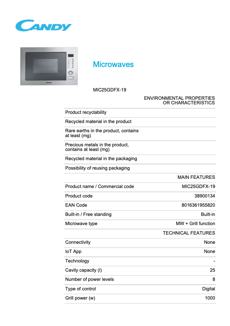Page 1 de la notice Fiche technique Candy MIC25GDFX-19