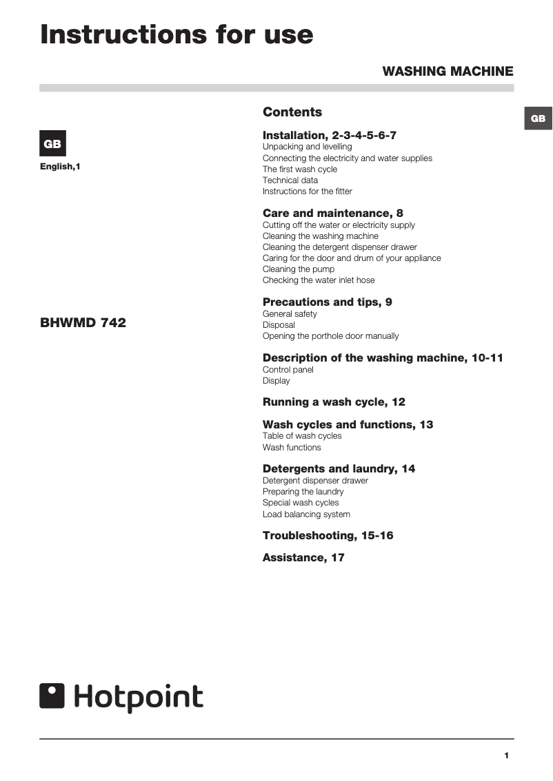 Page 1 de la notice Manuel utilisateur Hotpoint BHWMD 742 (UK)