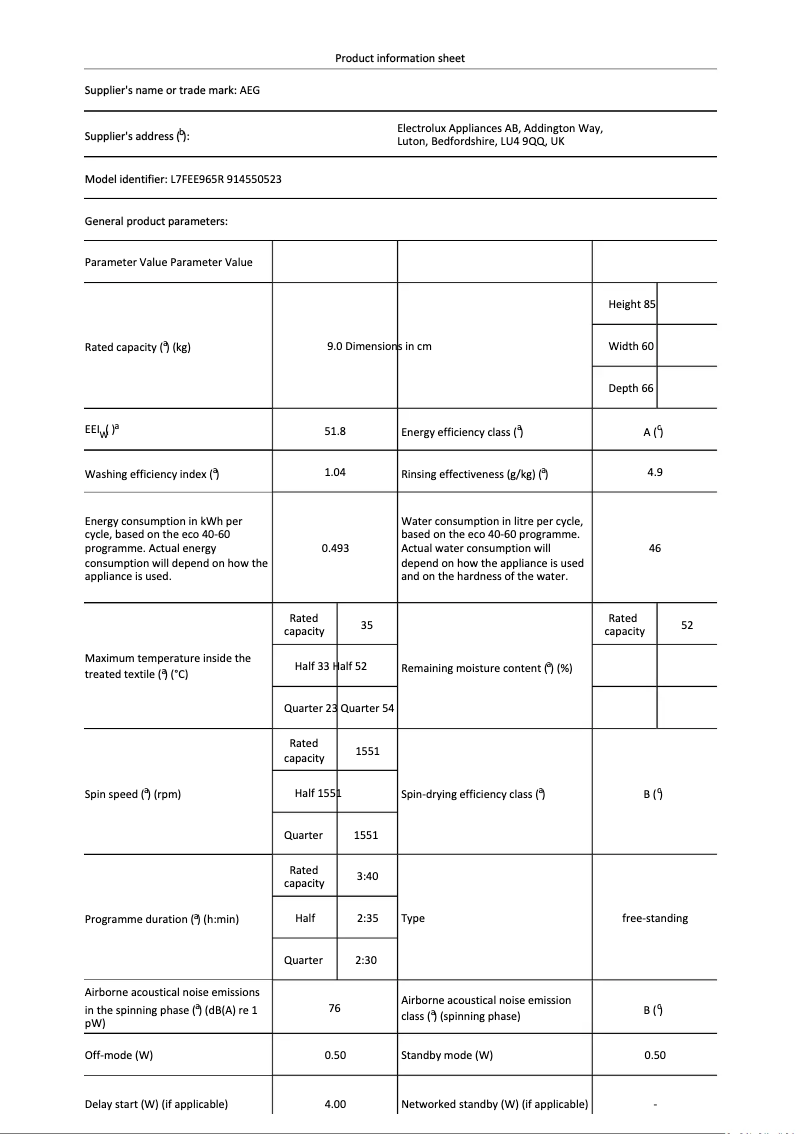 Page n°1 - Fiche technique AEG L7FEE965R