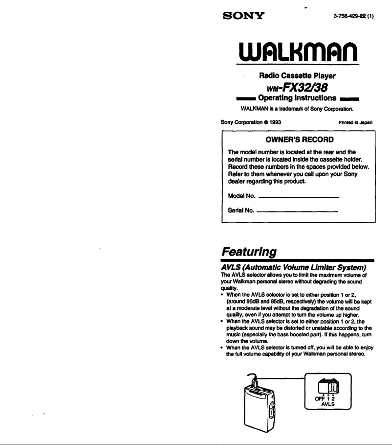Page 1 de la notice Manuel utilisateur Sony Walkman WM-FX32