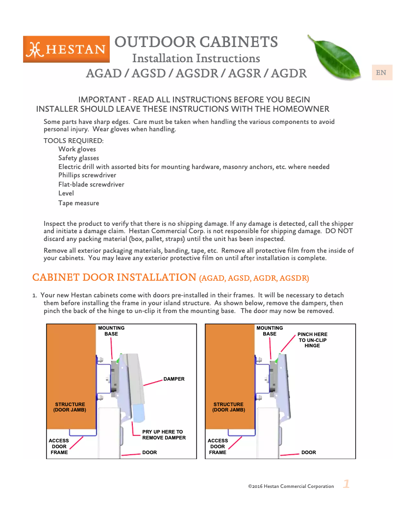 Page n°1 - Guide d'installation Hestan AGLP36