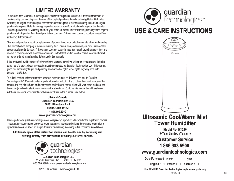Página 1 del manual Manual de uso y mantenimiento PureGuardian H3250