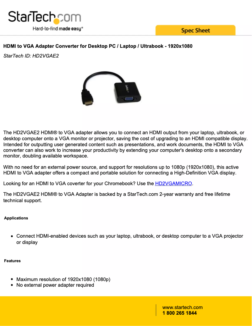 Page n°1 - Fiche technique StarTech.com HD2VGAE2