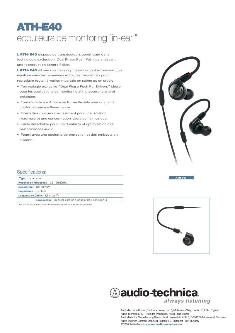 Page 1 de la notice Fiche technique Audio-Technica ATH-E40