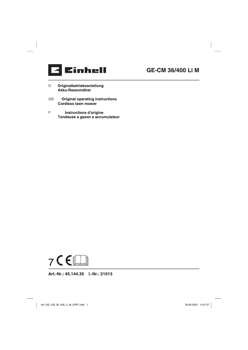 Page 1 de la notice Manuel utilisateur Einhell GE-CM 36/400 Li M