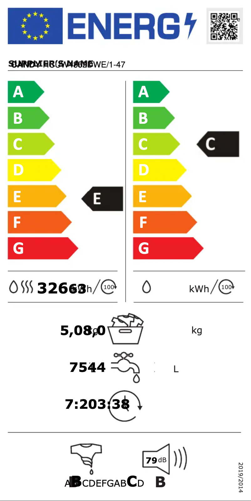 Page 1 de la notice Label énergétique Candy HCUW4852DWE/1-47
