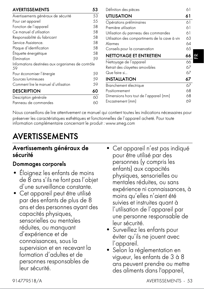 Page 1 de la notice Manuel utilisateur Smeg CVI638LN3