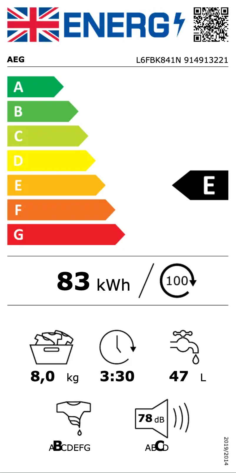 Page 1 de la notice Label énergétique AEG L6FBK841N