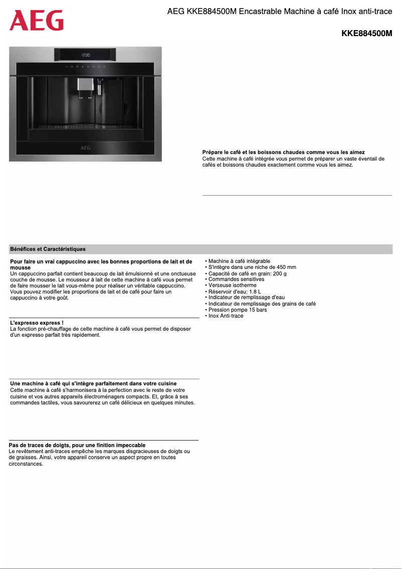 Page 1 de la notice Fiche technique AEG KKE884500M
