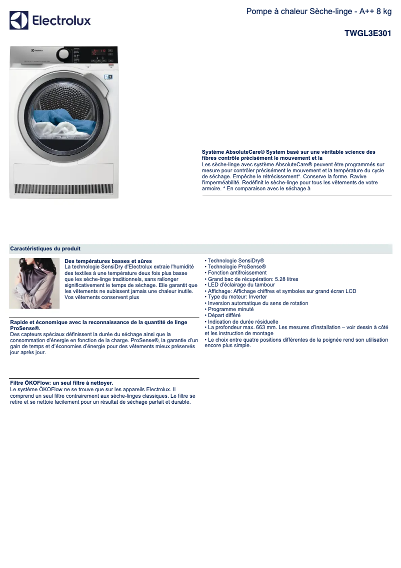 Page n°1 - Fiche technique Electrolux TWGL3E301