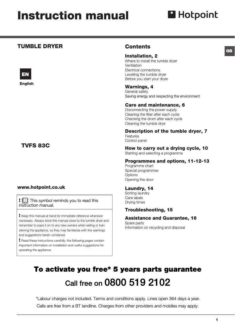 Page n°1 - Manuel utilisateur Hotpoint TVFS 83C GP Aquarius