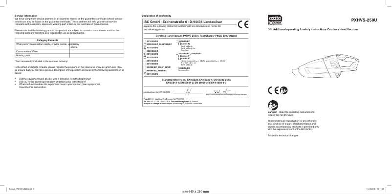 Page 1 de la notice Manuel utilisateur Ozito PXHVS-250U