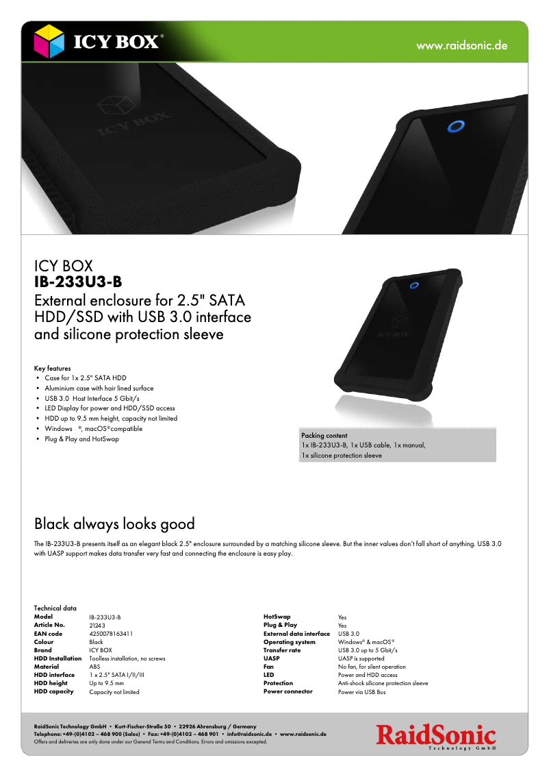 Página 1 del manual Ficha técnica Icy Box IB-233U3-B