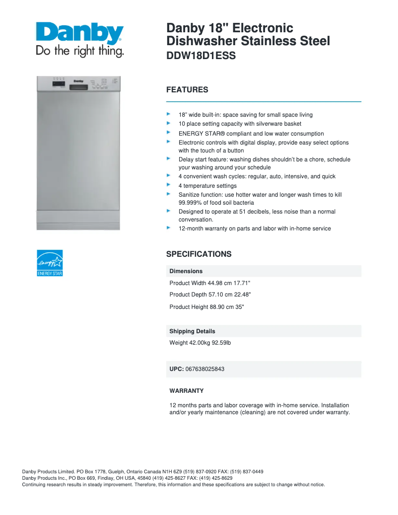 Página 1 del manual Ficha técnica Danby DDW18D1ESS